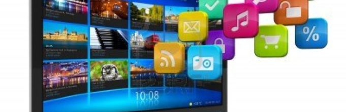 Internet Television with illustrations of apps emanating from the monitor