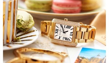 Instagram post of macarons, a fancy watch and a picture of a far-off place