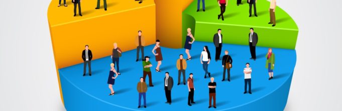 Illustration of pie chart with people standing on the three different portions