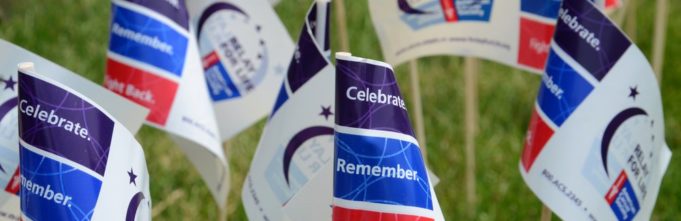 Flags in the grass reading, "Celebrate. Remember. Fight Back."