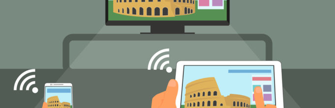 Illustration of users receiving same content on tablet, phone and television