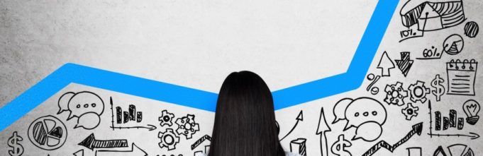 Rear view of the business lady who is looking for the new business ideas. Blue growing arrow as a concept of successful business. Business icons are drawn on the concrete wall.