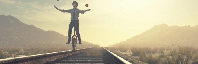 Juggler is balancing on railroad with a bike and balls. This is a 3d render illustration.