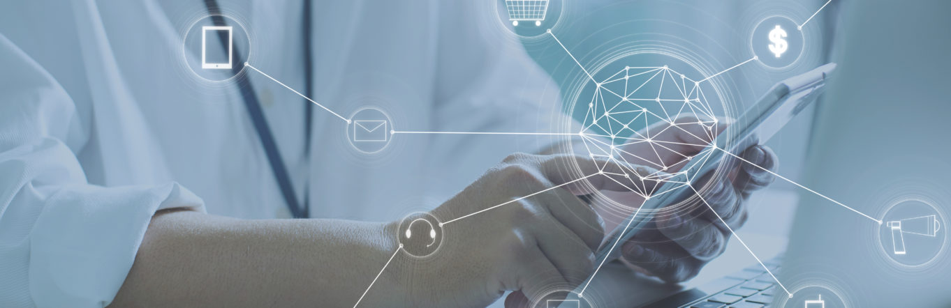 Man using digital device make payments online shopping and icon customer network connection on screen.