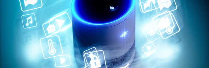 Concept of home intelligent voice activated assistant with voice command icons. 3D rendering concept of hi tech futuristic artificial intelligence speech recognition technology.