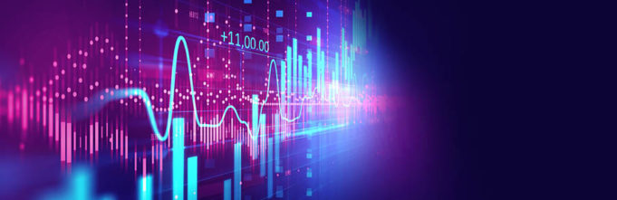 Picture of blue and bar graph against a purple and blue digital backdrop
