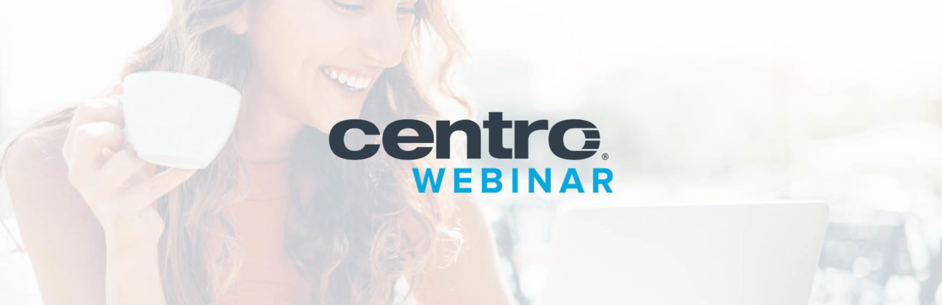 Centro webinar logo overlayed on a stock photo of a woman drinking coffee