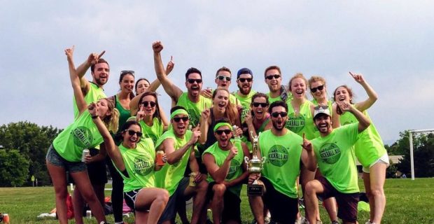 Team of employees on a soccer field