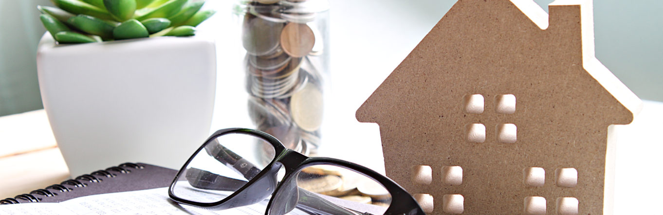Eyeglasses on piece of paper with succulent and cardboard house