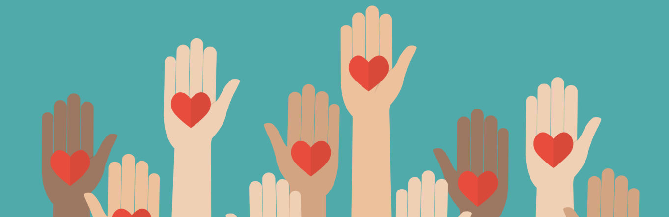 Illustration of hands with hearts drawn on them reaching up