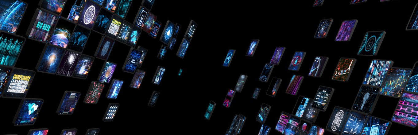 Many screens on a black background