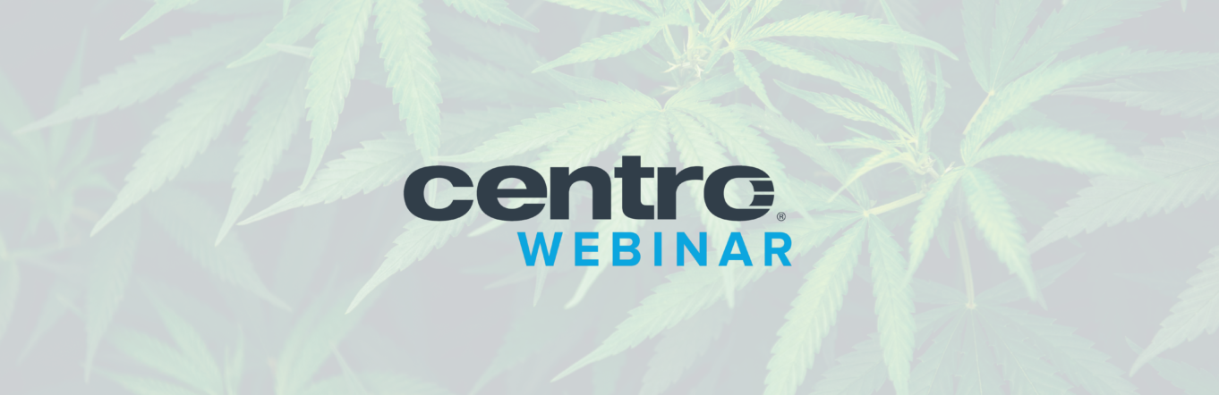 Cannabis leaves with a Centro Webinar logo overlay