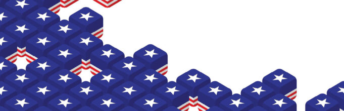 Abstract image of red, white, and blue blocks with stars on them