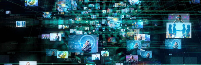 Visual of many TV and media related images flying at you in a very tech-forward way