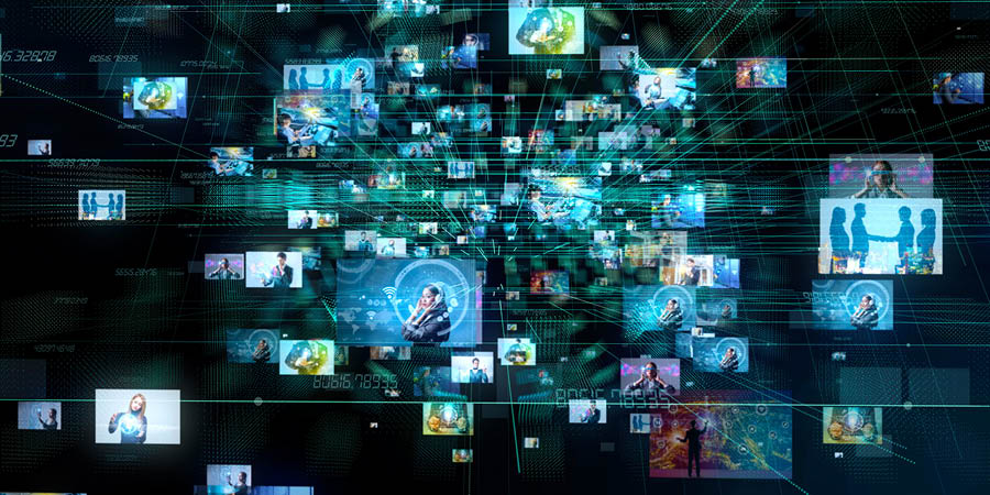 Visual of many TV and media related images flying at you in a very tech-forward way