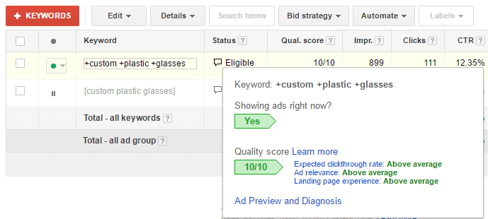 Keyword quality score