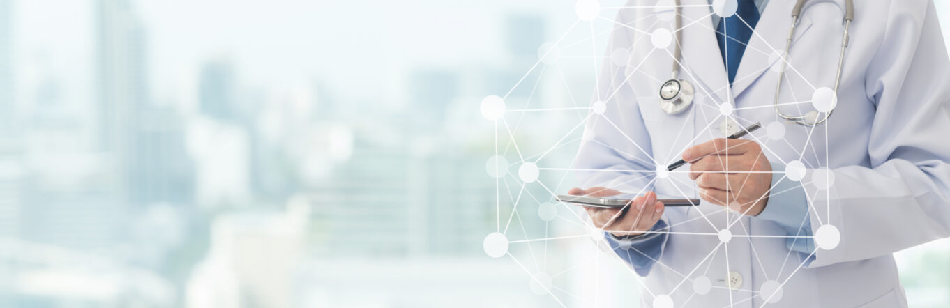Doctor writing on clipboard with techy background