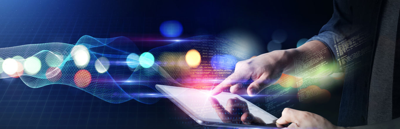 Man using tablet surfing internet with futuristic background