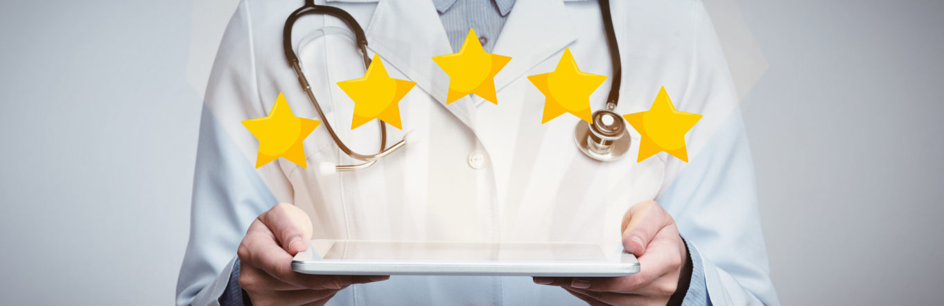Doctor holding an ipad with illustration of stars coming out of it