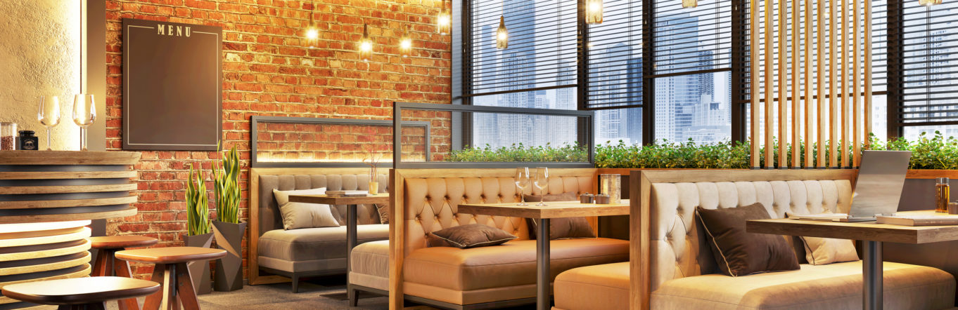 Modern cafe design interior with a brick wall. Loft design. Coffee shop, cafe.